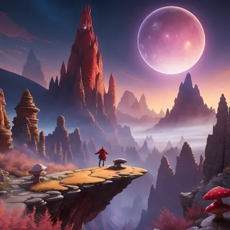 4k, hdr, high quality, Pagoda, beautiful, Arcane wizard, looking away, Crimson Canyon, Mountain range, Mushroom forest,  nigh sky, stars, clouds, fiery sky, space, moon, art by Victor Adame Minguez and Jordan Grimmer