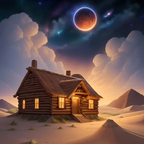 4k, hdr, high quality, Adobe dwelling, beautiful, Mythical beast, looking away, Forest, Tornado, sand dunes,  nigh sky, stars, c...