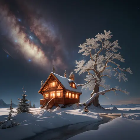 4k, HDR, gute Qualität, Baumhaus, Schön, Weltraumhändler, Wegschauen, Glitzernde Schneeverwehungen, Frozen Tundra, Arktisches Meereis,  naher Himmel, Sterne, Wolken, feuriger Himmel, Raum, Mond, Kunst von Jean-Honoré Fragonard und Michal Karcz