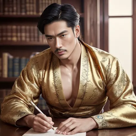 timeless style, analog style, close-up, Masterpiece, best quality, (realistic), (handsome,sexy,hot old Chinese male emperor ) wr...