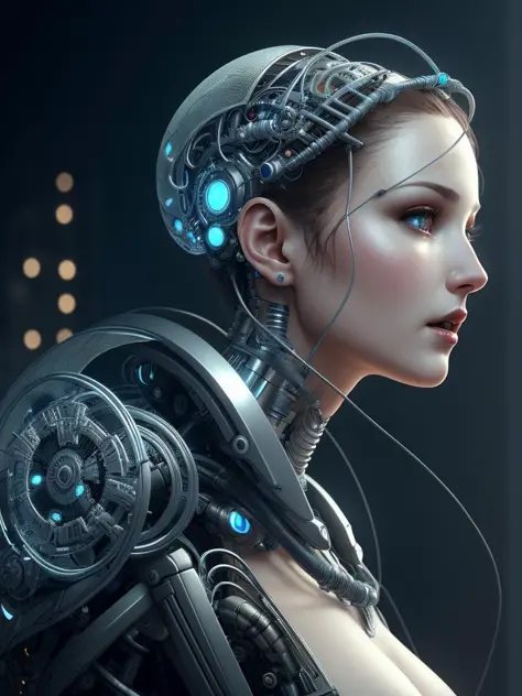 complex 3d render ultra detailed of a beautiful porcelain profile woman android face, full body, sitting, cyborg, robotic parts,...