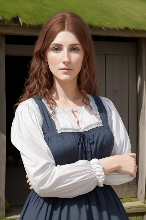 (A professional high quality pre-Raphaelite painting), (((high quality, 4k, realistic anatomy, realistic face, high detailed skin))), 3  England woman, medieval period farmer, modest clothing, (((visible pores))),  (((center of frame))), (((beautiful compositions))), (((professional compositions))), (((elegant compositions))), ((long skirt)), ((front shot)), (((facing the viewers))), (((focus on the face))), (((detailed face))), (((detailed face anatomy))), (((look at camera))), (((look at viewer))), (sunlight lighting),  (3d),  raw Nikon photo, Fujifilm xt3, background is inside old cottage house, safe for work,