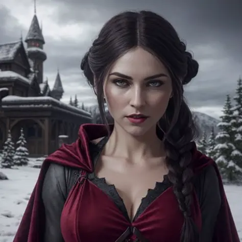 Masterpiece, best quality, hyperrealistic (portrait:0.9) photograph, of (effortlessly beautiful Nordic female vampire with dark braided hair and pale skin), ((Serana from Skyrim)), ((perfect face)), seductive look, (highly detailed skin), lifelike texture, supple skin pores, (wearing velvet red royal vampire robes:1.2), standing in front of Castle Volkihar, dark fantasy_\(setting\), ominous atmosphere, storm clouds above, cold color temperature, dull, (cinematic lighting), shallow depth of field, photographed on a Leica SL (Typ 601) Mirrorless Digital Camera, 35mm F/1.4 cine lens, soft focus, (hyperdetailed, intricately detailed), film-like, HDR, 8k, film still from Skyrim live action adaptation, front facing, [closeup]