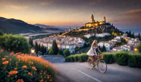 exterior, scenic photograph of one 18 years old girl on a bike in italy, whole figure, in motion, ((bicycle)), ((small breasts)), white sleeveless tshirt, pale orange skirt, snickers, background, steep ((paved street)) in town in Italy, scenery, historic, outdoors, park, ((garden)), ((flowers)), ((sunset)), short blond hair, Pixie Cut aircut, ((sky)), award-winning, professional, highly detailed, eye-catching, ligth depth of field, vignette, epic, gorgeous, architecture, film grain, grainy <lora:hair_style:0.7> <lora:FF.101.juggernautXL_version6Rundiffusion.LORA:0.0> <lora:HDRv1:0.5> <lora:Nature SDXL:0.8> realistic <lora:WDR_Scenery_all-inclusive:0.6> SK_CINEMATIC