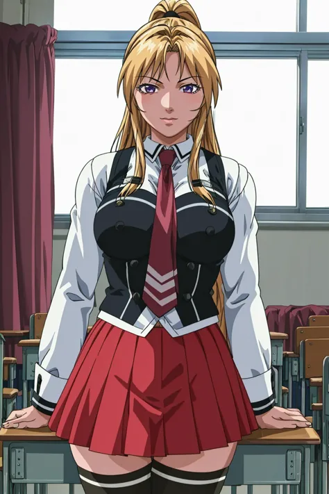 masterpiece, best quality, highres, 1girl kaori saeki, school uniform spaghetti strap black vest red necktie red skirt black thi...