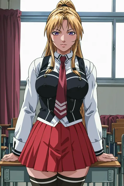 masterpiece, best quality, highres, 1girl kaori saeki, school uniform spaghetti strap black vest red necktie red skirt black thighhighs, classroom, cowboy shot, (smug:0.3), looking at viewer, focus solo 