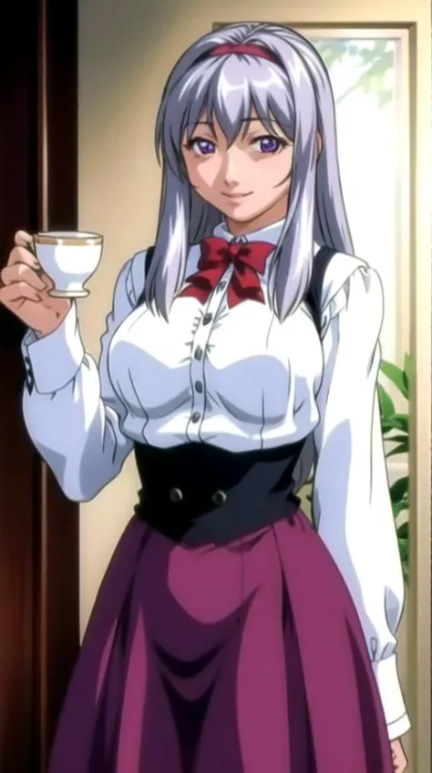 1girl, bangs, blunt_bangs, bow, breasts, cup, dress_shirt, hairband, holding, holding_cup,long and silver_hair:1.2, long_sleeves, looking_at_viewer, purple_eyes, shijou_takane, shirt, skirt, smile, solo, standing, teacup, very_long_hair, white_shirt
<lora:bb-style:0.7>