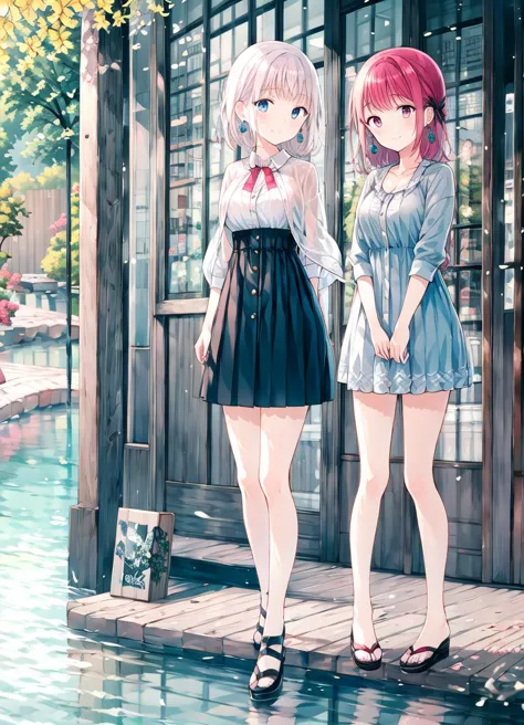 anime girls standing on a dock in front of a building