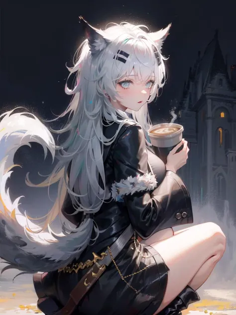 anime girl with white hair and black outfit holding a cup of coffee