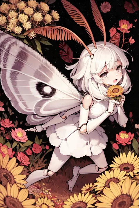 mothgirlcpt, moth antennae, moth wings, joints, solo, 1girl, crying, running, bright, Banksia \(flower\), floral background <lor...