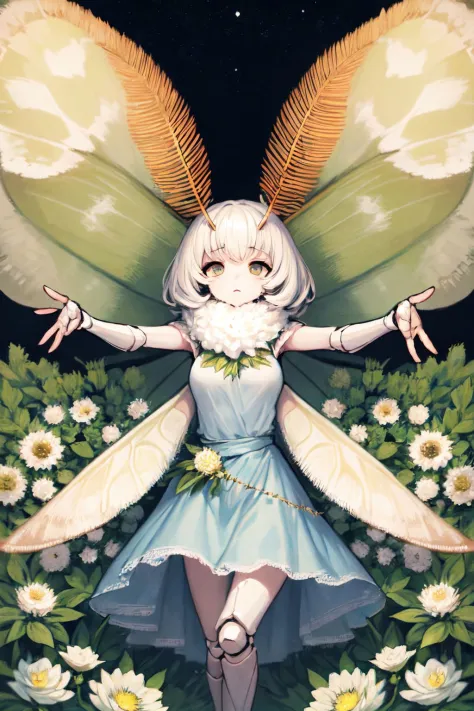 mothgirlcpt, moth antennae, moth wings, joints, solo, 1girl, sigh, outstretched arm, glittering light, Artichoke_thistle \(flower\), floral background 