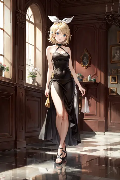 masterpiece, best quality, absurdres, perfect anatomy, 1girl, solo, Kagamine Rin, short hair, hair ribbon, elegant, long dress, black dress, halterneck, smile, indoors, reflective floor, ball room, standing