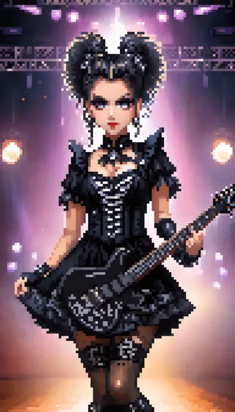 a close up of a woman in a black dress holding a guitar