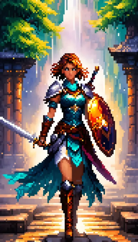 a woman in a blue dress holding a sword and shield