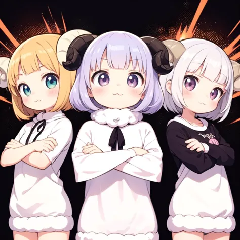 6+girls,chibi,sheep girl,:3, (pastel anime explosion:1.1),standing, (crossed arms:1.4), sheep ears,sheep horns,flat chest, ponch...
