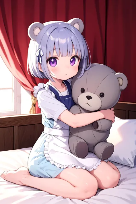 bright room,pillows,seiza on bed,curtains,grey short hair,white bear ears with hair ribbon,purple eyes,white apron,light blue puffy short sleeves,light blue dress,solo,(expressionless:0.8),hug stuffed bear,