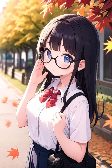 1人の女の子,学生服,紅葉,眼鏡,