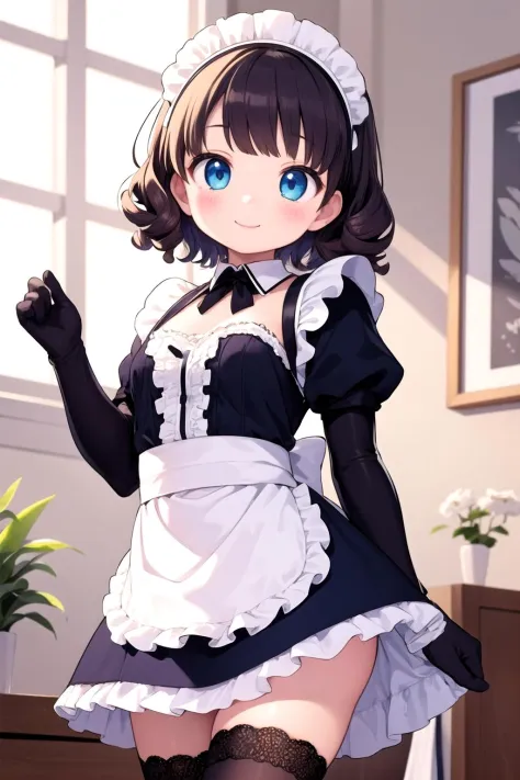 1girl,kawaii,smile,short hair,(curly hair:1.1),blue maid costume,lace trim blue thighhighs,maid headdress,lace trim elbow gloves...