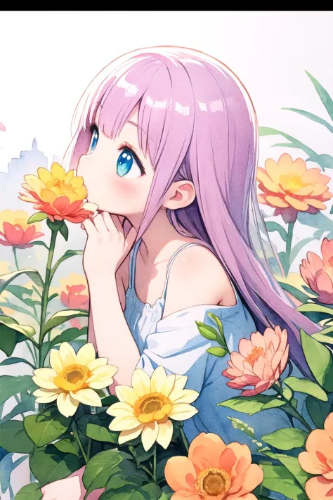 hyper quality,detailed illustration,a girl is kissing a flower,watercolor,pastelcolor,cowboy shot,