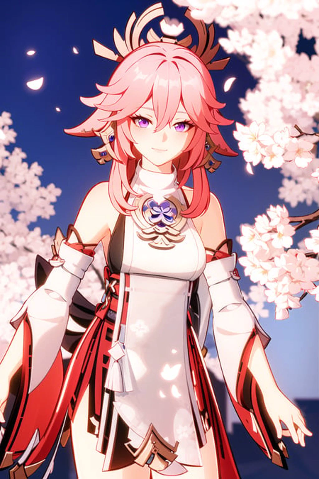 masterpiece, best quality, 1girl, solo, upper body, genshin impact, yae miko, 1girl, animal ears, branch, breasts, cherry blossoms, closed mouth, cowboy shot, earrings, flower, fox ears, japanese clothes, jewelry, long hair, looking at viewer, medium breasts, nontraditional miko, outdoors, pink hair, purple eyes, purple flower, ribbon-trimmed sleeves, ribbon trim, sidelocks, smile, solo, wide sleeves, dynamic pose,  genshin,
