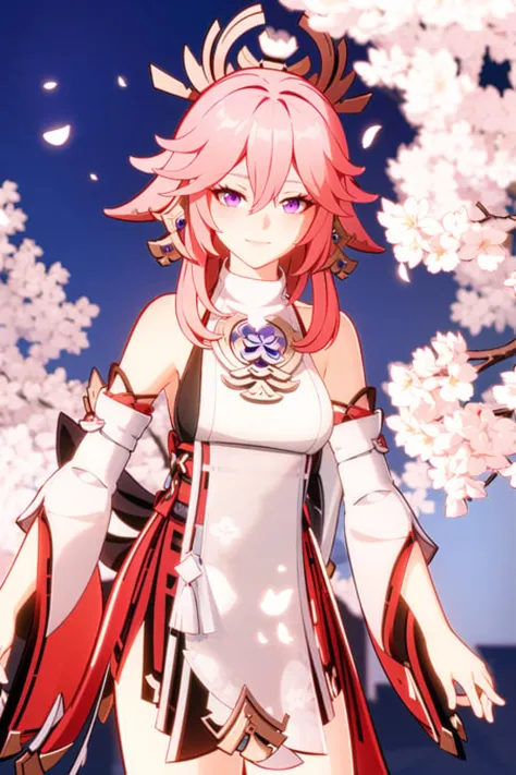 masterpiece, best quality, 1girl, solo, upper body, genshin impact, yae miko, 1girl, animal ears, branch, breasts, cherry blossoms, closed mouth, cowboy shot, earrings, flower, fox ears, japanese clothes, jewelry, long hair, looking at viewer, medium breasts, nontraditional miko, outdoors, pink hair, purple eyes, purple flower, ribbon-trimmed sleeves, ribbon trim, sidelocks, smile, solo, wide sleeves, dynamic pose,  <lora:yaeMikoRealistic_yaemikoFull:0.6>,
<lora:genshin-char-model:1>, genshin,