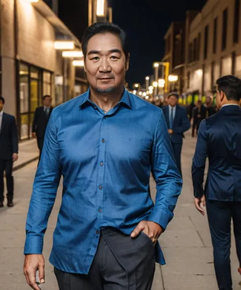 portrait of a 50 year-old-man,zgl,wearing(blue-collared shirt,suit pants),photograph,upper body,on street,night
(masterpiece) (p...