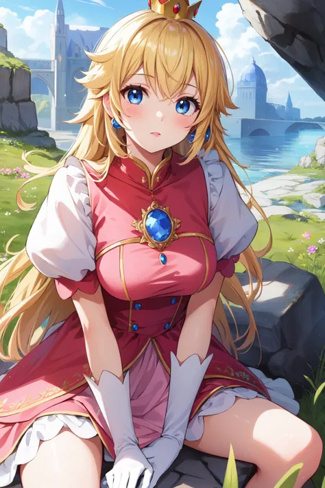 (masterpiece, best quality),  intricate details,
1girl,      princess peach, blonde hair, blue eyes, long hair,, crown, dress, gem, gloves, pink dress, puffy short sleeves, puffy sleeves, short sleeves, white gloves,
sitting, outdoors, sitting on rock, grass,