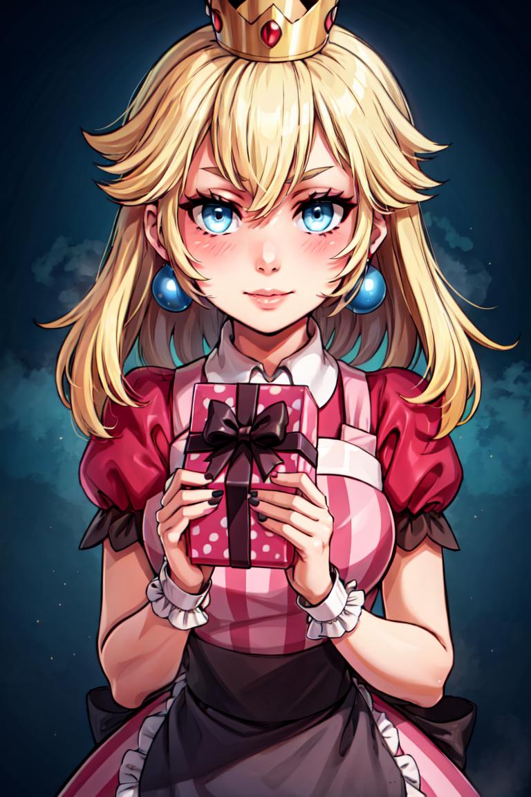 A cartoon girl with a crown holding a present - SeaArt AI