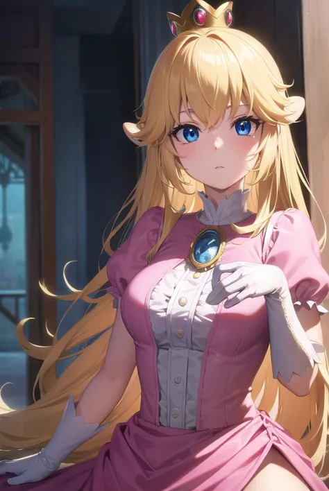 princesspeach, princess peach, blonde hair, blue eyes, long hair,
BREAK crown, dress, gem, gloves, pink dress, puffy short sleeves, puffy sleeves, short sleeves, white gloves,
BREAK indoors,
BREAK looking at viewer, (cowboy shot:1.5),
BREAK (masterpiece:1.2), best quality, high resolution, unity 8k wallpaper, (illustration:0.8), (beautiful detailed eyes:1.6), extremely detailed face, perfect lighting, extremely detailed CG, (perfect hands, perfect anatomy),