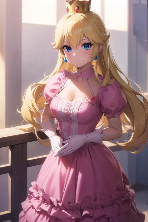 princesspeach, <lora:princesspeach-lora-nochekaiser:1>,
princess peach, blonde hair, blue eyes, long hair,
BREAK crown, dress, gem, gloves, pink dress, puffy short sleeves, puffy sleeves, short sleeves, white gloves,
BREAK indoors,
BREAK looking at viewer, (cowboy shot:1.5),
BREAK <lyco:GoodHands-beta2:1>, (masterpiece:1.2), best quality, high resolution, unity 8k wallpaper, (illustration:0.8), (beautiful detailed eyes:1.6), extremely detailed face, perfect lighting, extremely detailed CG, (perfect hands, perfect anatomy),