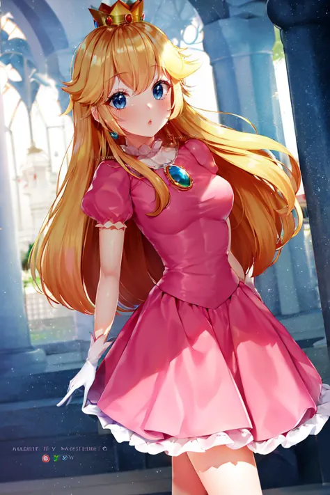 (masterpiece, best quality), 1girl,    princess peach, blonde hair, blue eyes, long hair, crown, dress, gem, gloves, pink dress, puffy short sleeves, puffy sleeves, short sleeves, white gloves,