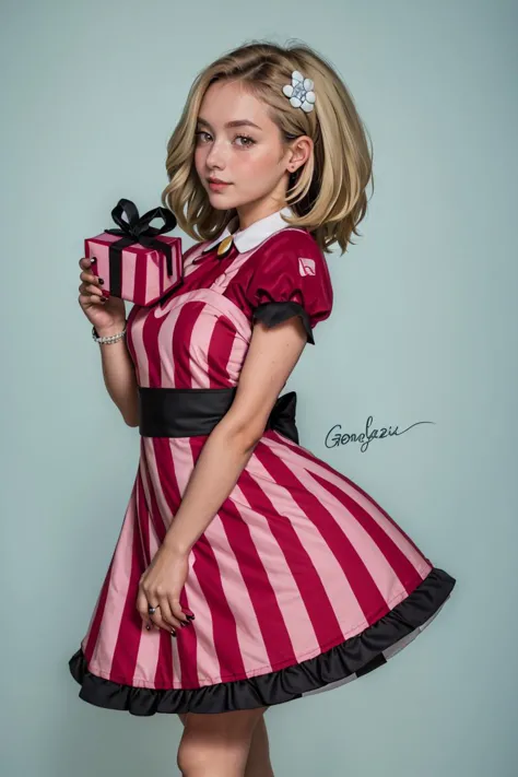 a woman in a pink and white striped dress holding a present