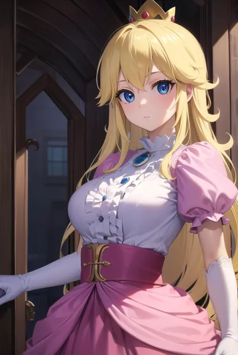 princesspeach, princess peach, blonde hair, blue eyes, long hair,
BREAK crown, dress, gem, gloves, pink dress, puffy short sleeves, puffy sleeves, short sleeves, white gloves,
BREAK indoors,
BREAK looking at viewer, (cowboy shot:1.5),
BREAK (masterpiece:1.2), best quality, high resolution, unity 8k wallpaper, (illustration:0.8), (beautiful detailed eyes:1.6), extremely detailed face, perfect lighting, extremely detailed CG, (perfect hands, perfect anatomy),