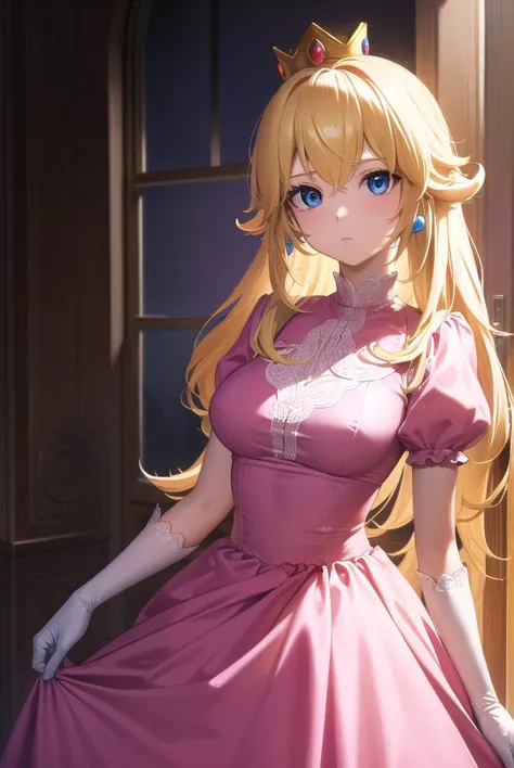 princesspeach, <lora:princesspeach-lora-nochekaiser:1>,
princess peach, blonde hair, blue eyes, long hair,
BREAK crown, dress, gem, gloves, pink dress, puffy short sleeves, puffy sleeves, short sleeves, white gloves,
BREAK indoors,
BREAK looking at viewer, (cowboy shot:1.5),
BREAK <lyco:GoodHands-beta2:1>, (masterpiece:1.2), best quality, high resolution, unity 8k wallpaper, (illustration:0.8), (beautiful detailed eyes:1.6), extremely detailed face, perfect lighting, extremely detailed CG, (perfect hands, perfect anatomy),