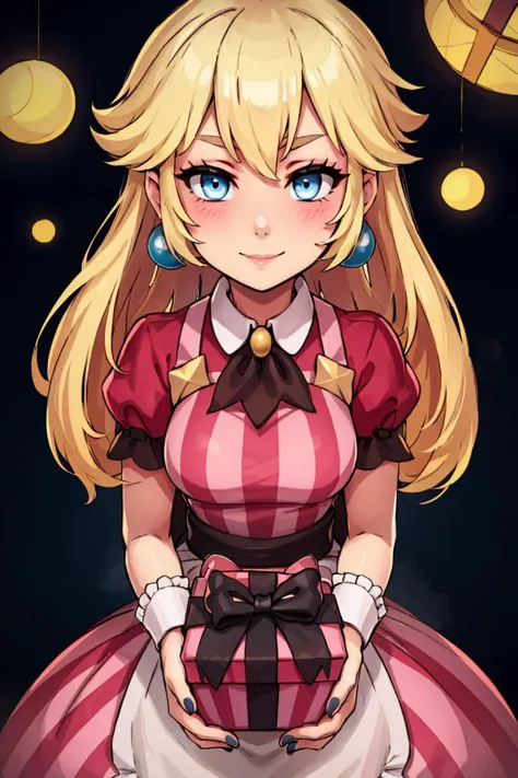 (masterpiece, best quality:1.2), solo,  beautiful eyes, <lora:Palentines_2022:0.6>,   smile, looking at viewer,  <lora:princesspeach-lora-nochekaiser:1>, princess peach, blonde hair, blue eyes,  blush, box, closed mouth, commentary request, creatures (company), dress, earrings, eyelashes, game freak, gift, gift box,  holding, holding gift, jewelry, looking at viewer, nail polish, nintendo, pink dress, red shirt, shirt, short sleeves, waist apron, wrist cuffs