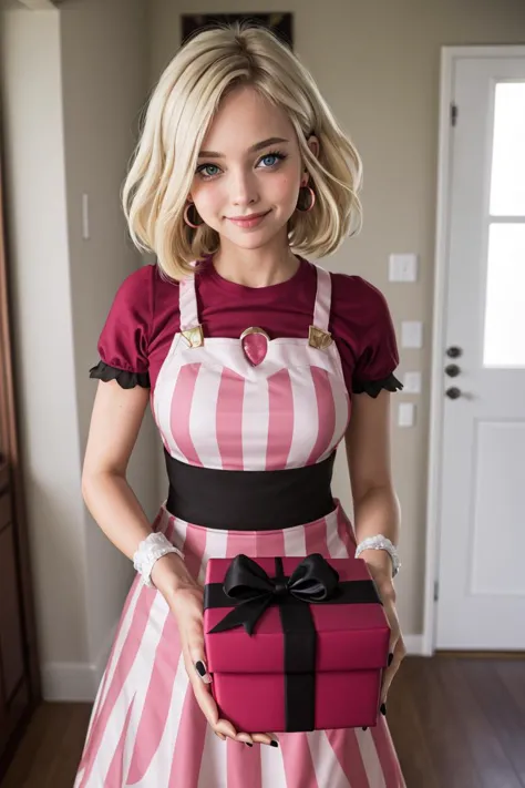 (masterpiece, best quality:1.2), solo,  beautiful eyes, smile, looking at viewer,  princess peach, blonde hair, blue eyes,  blush, box, closed mouth, commentary request, creatures (company), dress, earrings, eyelashes, game freak, gift, gift box,  holding, holding gift, jewelry, looking at viewer, nail polish, nintendo, pink dress, red shirt, shirt, short sleeves, waist apron, wrist cuffs