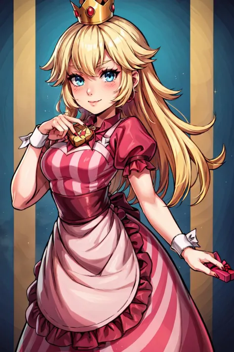 (masterpiece, best quality:1.2), solo,  beautiful eyes, <lora:Palentines_2022:0.6>,   smile, looking at viewer,  <lora:princesspeach-lora-nochekaiser:1.2>, princess peach, crown, super crown, long hair, blonde hair, blue eyes,  blush, box, closed mouth, creatures (company), dress, earrings, eyelashes, game freak, gift, gift box,  holding, holding gift, jewelry, looking at viewer, nail polish, nintendo, pink dress, red shirt, shirt, short sleeves, waist apron, wrist cuffs