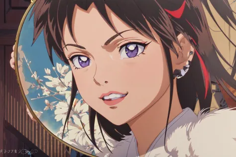 anime girl with blue eyes and a white dress and a red bow