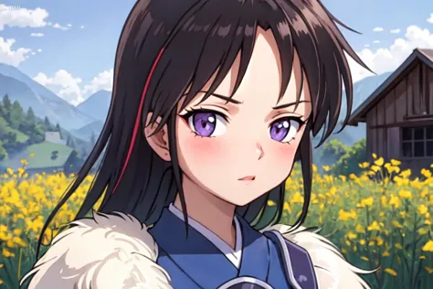 anime girl with long black hair and purple eyes in a field