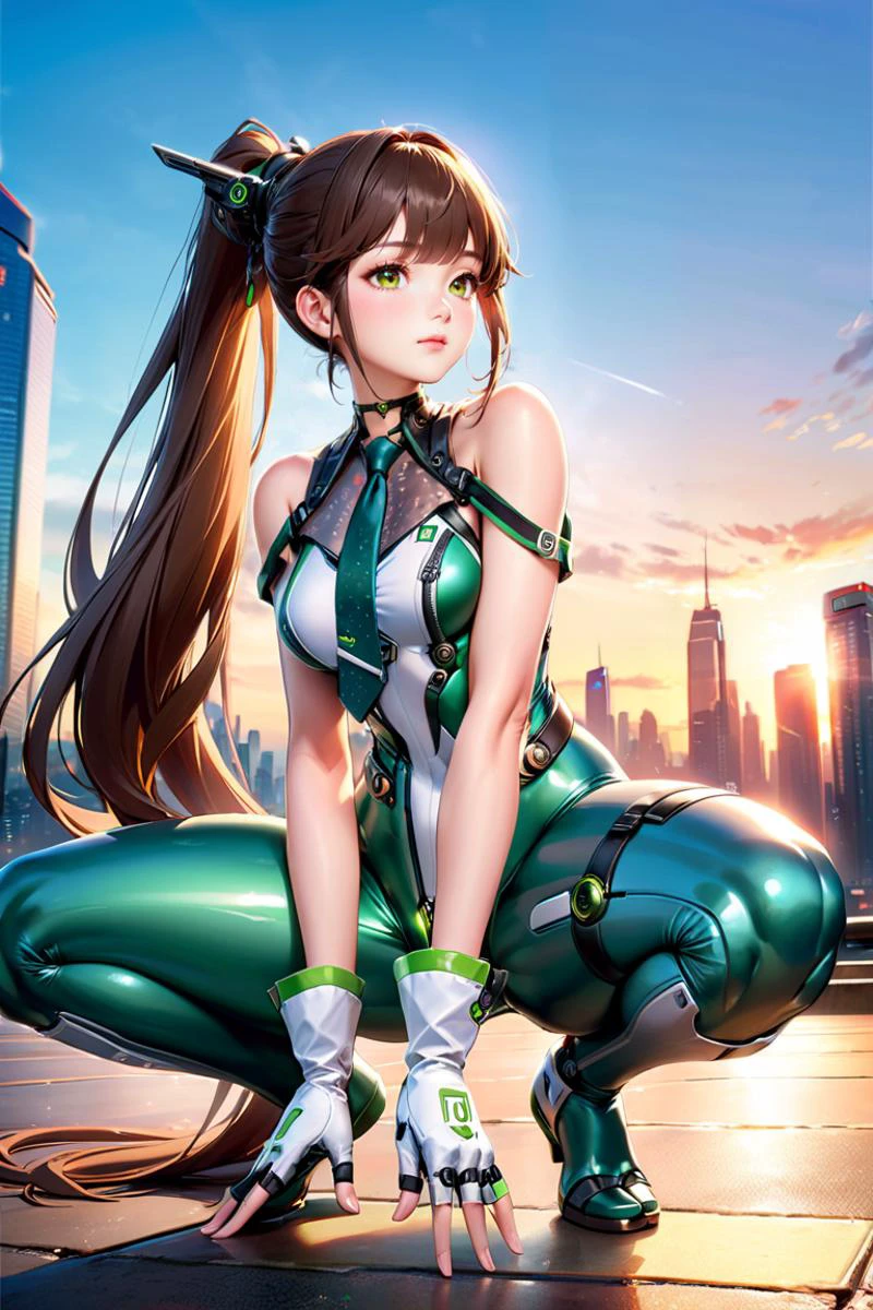 1girl,solo,full body,ruanyi0530,ruanyi0530,android,bare shoulders,belt,black choker,bodysuit,fingerless gloves,mechanical parts,zipper,green necktie,,sleeveless,white gloves,outdoors,cityscape,18 years old Korean girl,green necktie,ponytail,very long hair,cyborg,see-through,green bodysuit,squatting cowgirl position,spread legs,best quality,masterpiece,highres,official art,extremely detailed cg unity 8k wallpaper
