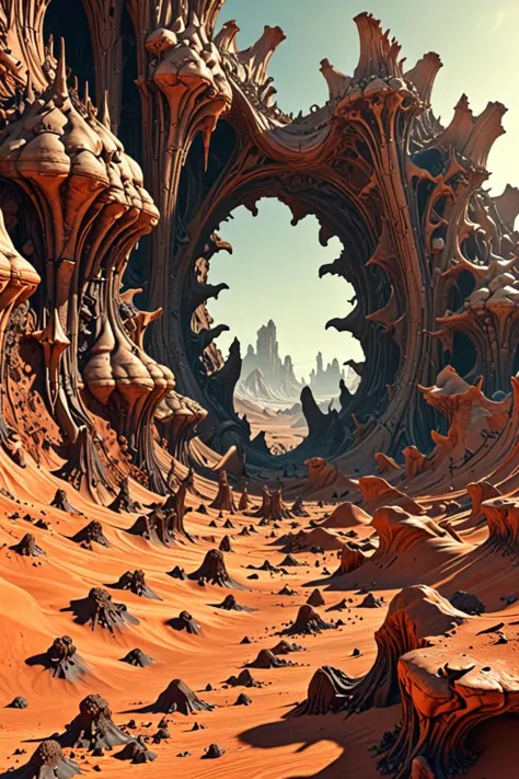 una ilustración 3D suave y mordaz en un páramo desierto y vacío al estilo de las texturas de Mandelbulb, f 1. 7, 