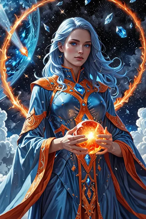a flowing robe and paprika in a spaceships in the cloudy sky in the style of major arcana mason sparkles sky, crystal blue eyes,...