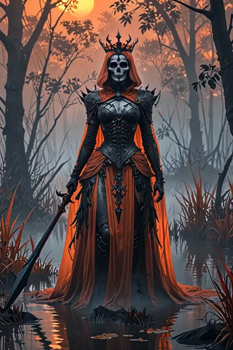 a 4 k detailed and queen of death in a misty swamp in the style of ultra photo realistic, light red and orange mood, <lora:sdxl_...