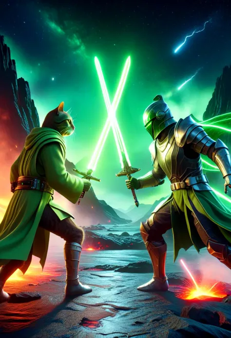 duel of the fates in a full body ilustration of two cats wearing sci-fi old robes sword duel over a fish on the ground  <lora:XL_Sword_Duel_-_By_HailoKnight:1> (green color glowing sword:1.6), in a very realistic volcano city with realistic (river of lava:1.8) in the background, stunning composition, epic battle, sci-fi special effects, 32k, HDR, very dramatic, amazing cinematic lightning, hyperrealistic, masterpiece, high texture resolution, vibrant colors, beautiful sci-fi scenery, sharp focus, milky way in the sky, (moonlit:1.6), green lightsabers, ultimate details, ((perfect quality)), photo realistic, cat face  (gleave particles:1.2)