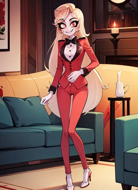 a cartoon picture of a woman in a red suit and a cat