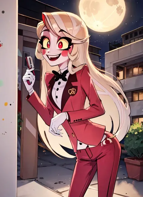 ((best quality)), ((highly detailed)), absurdres, (detailed eyes, deep eyes), (1girl), dynamic pose, cowboy shot, <lora:Charliemodelnew:1>, charlie morningstar, blonde hair, very long hair, red eyes, (colored sclera), medium breasts, smiling, red jacket, black bowtie, red pants, high heels, white footwear, (outside, <lora:school_outdoors_v0.2:1>, at a school, building, midnight, night sky, stars, full moon, shooting star)