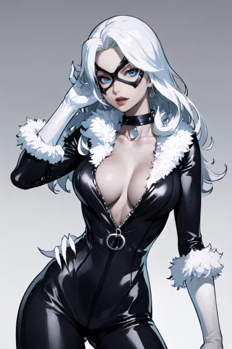 straight-on,pose,looking at viewer,solo, BREAK,
CARTOON_felicia_blackcat_ownwaifu, www.ownwaifu.com,
long hair,white hair,lipstick,blue eyes,makeup,lips,large breasts,collarbone,red lips,claws,very long hair,
mask,bodysuit,domino mask,gloves,choker,white g...