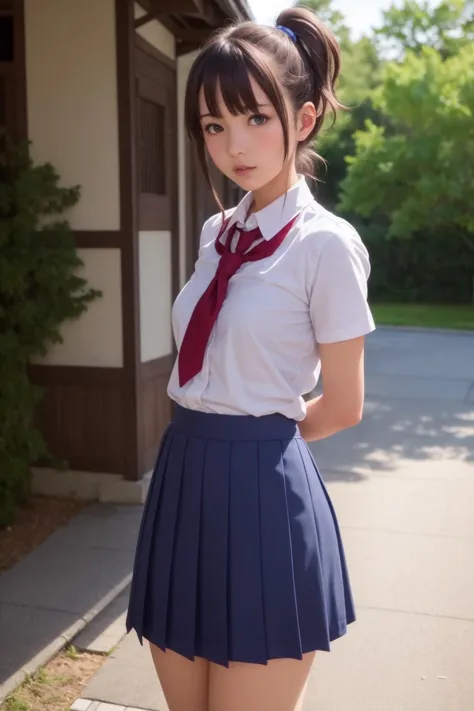 masterpiece, best quality, ultra high res, (photorealistic:1.8), unreal_engine, photograph, realistic_skin_texture, <lora:arifuretaFromCommonplaceTo_01:0.25>, 1girl, japonese face, cute, nana, anime art style, 17yo, light-brown hair, side ponytail, blue eyes, medium breasts, school uniform, full body BREAK (arms behind back)