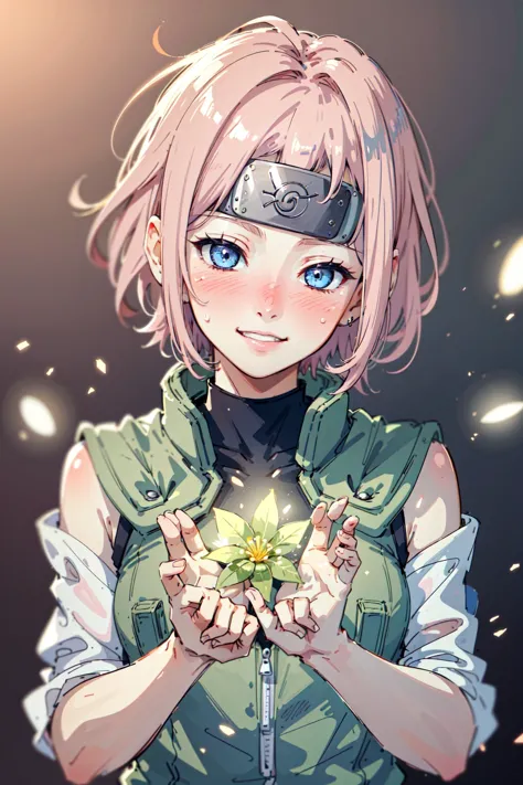 (masterpiece, best quality,high resolution:1.2), girl, detailed joninvest, forehead protector,light particles, white messy short hair, blue detailed eyes, half closed eyes, blushing, tilted head, slight smile, enjoying,bioluminescence,<lora:PotatoTweaker_V2_USE_NEGATIVE:-2>,(pink glow:1.1),  <lora:attire_narutovest-11:0.9>,