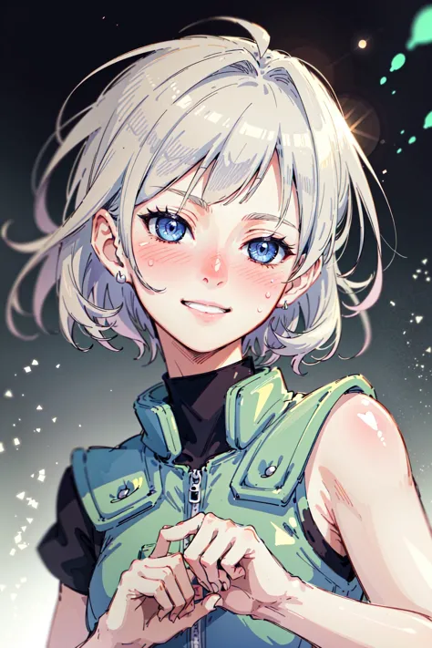 (masterpiece, best quality,high resolution:1.2), girl, detailed joninvest, forehead protector,light particles, white messy short hair, blue detailed eyes, half closed eyes, blushing, tilted head, slight smile, enjoying,bioluminescence,(pink glow:1.1),  